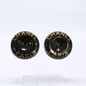 CHANEL 97P Logo Button Earrings Black Gold Women's